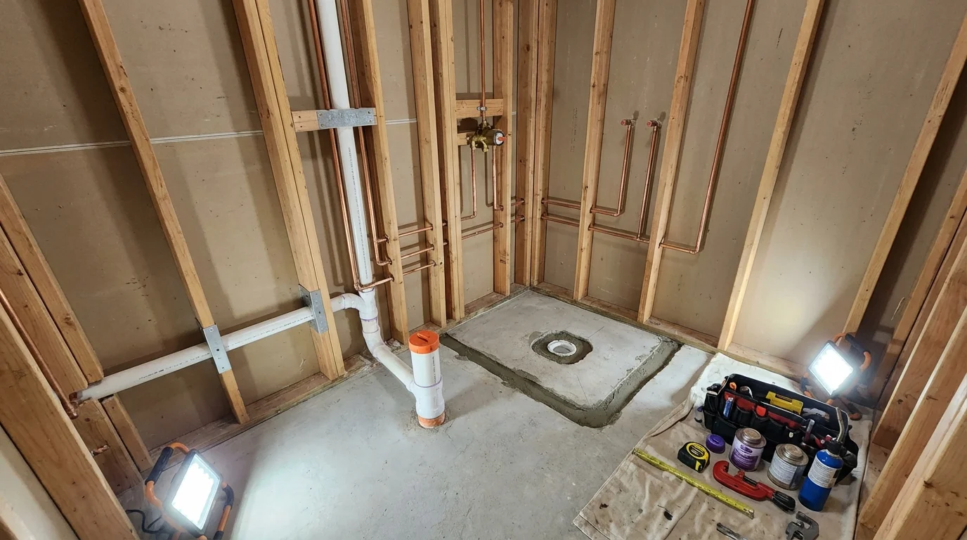 Bathroom rough-in plumbing during remodel by Johns Plumbing LLC in Wilbraham