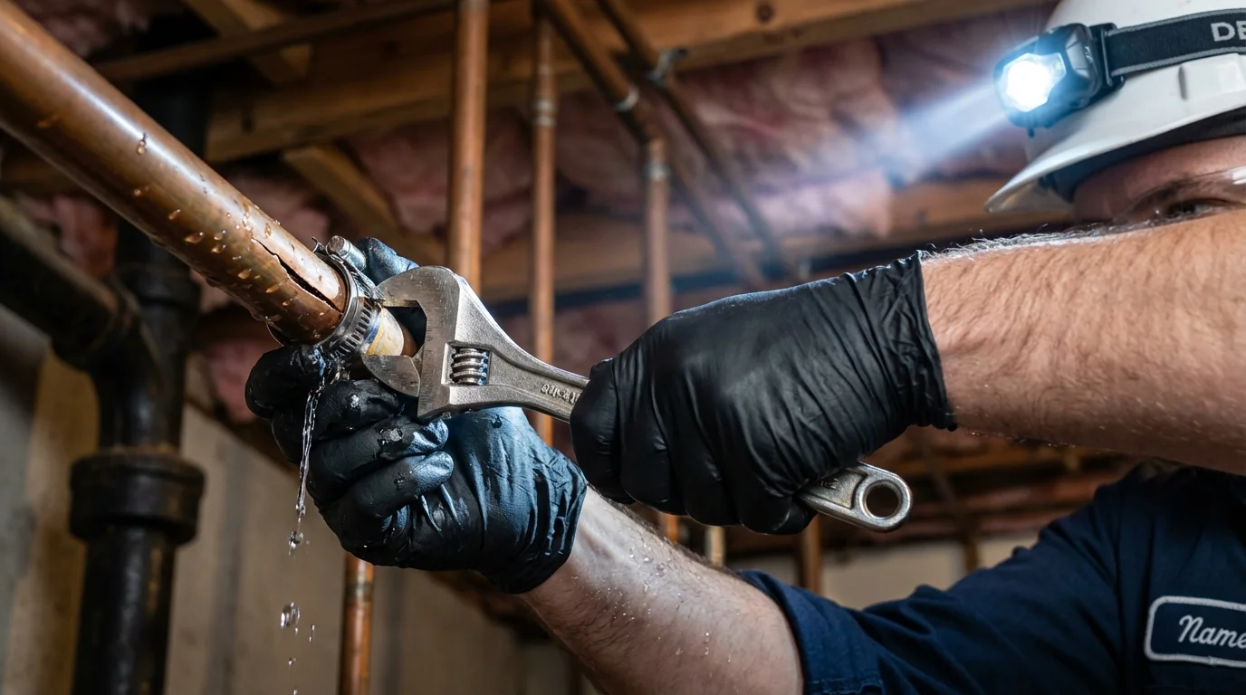 Emergency pipe clamp repair being performed by a Johns Plumbing LLC plumber in Wilbraham