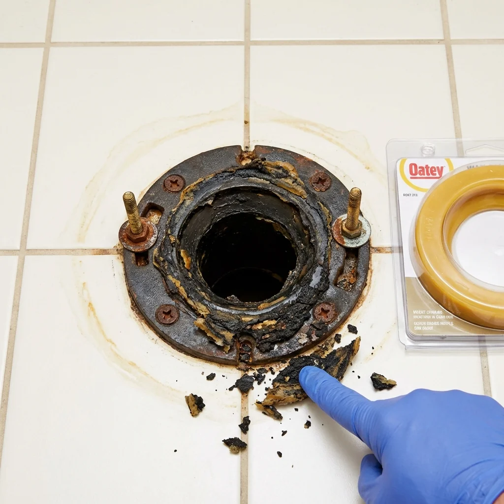 Failed wax ring showing water seepage at the base of a toilet in a Wilbraham, MA home