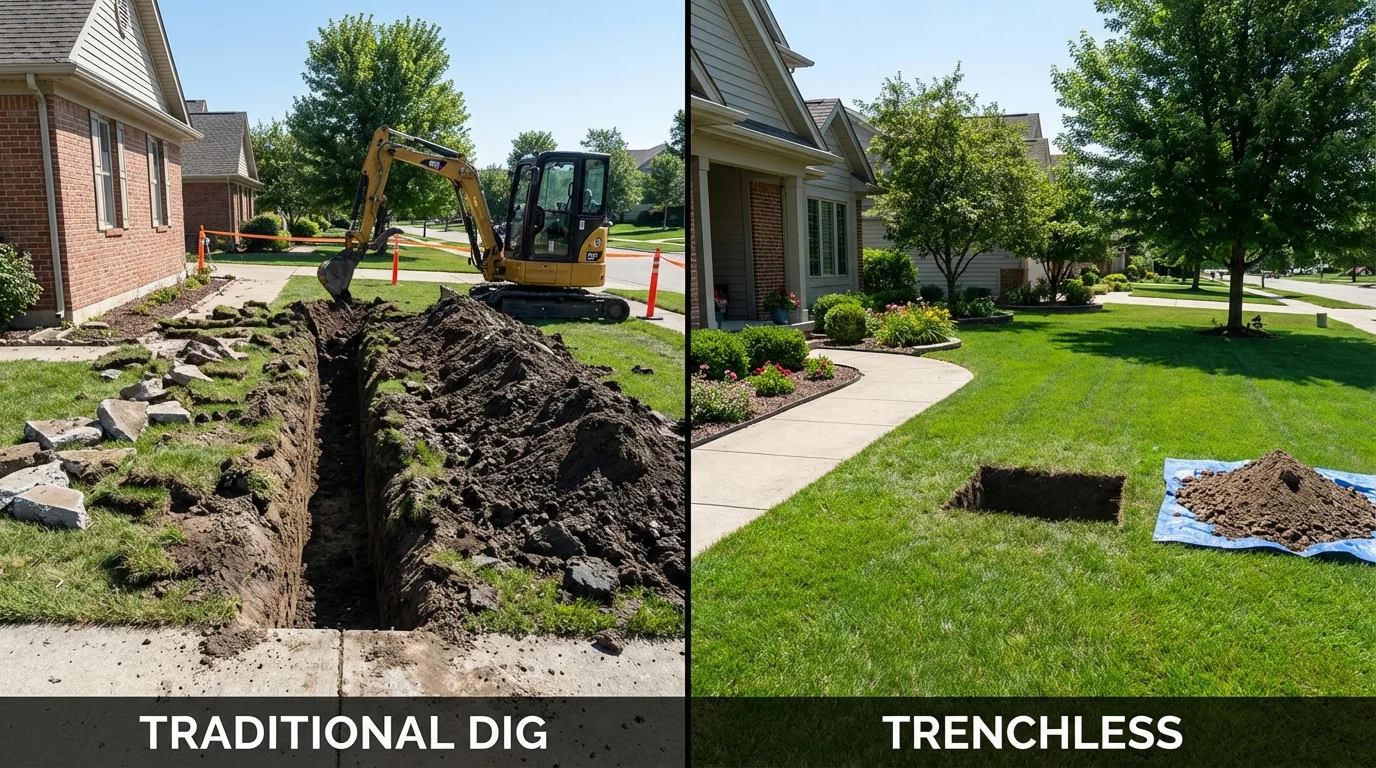 Trenchless sewer repair with minimal yard damage versus traditional excavation in Wilbraham, MA