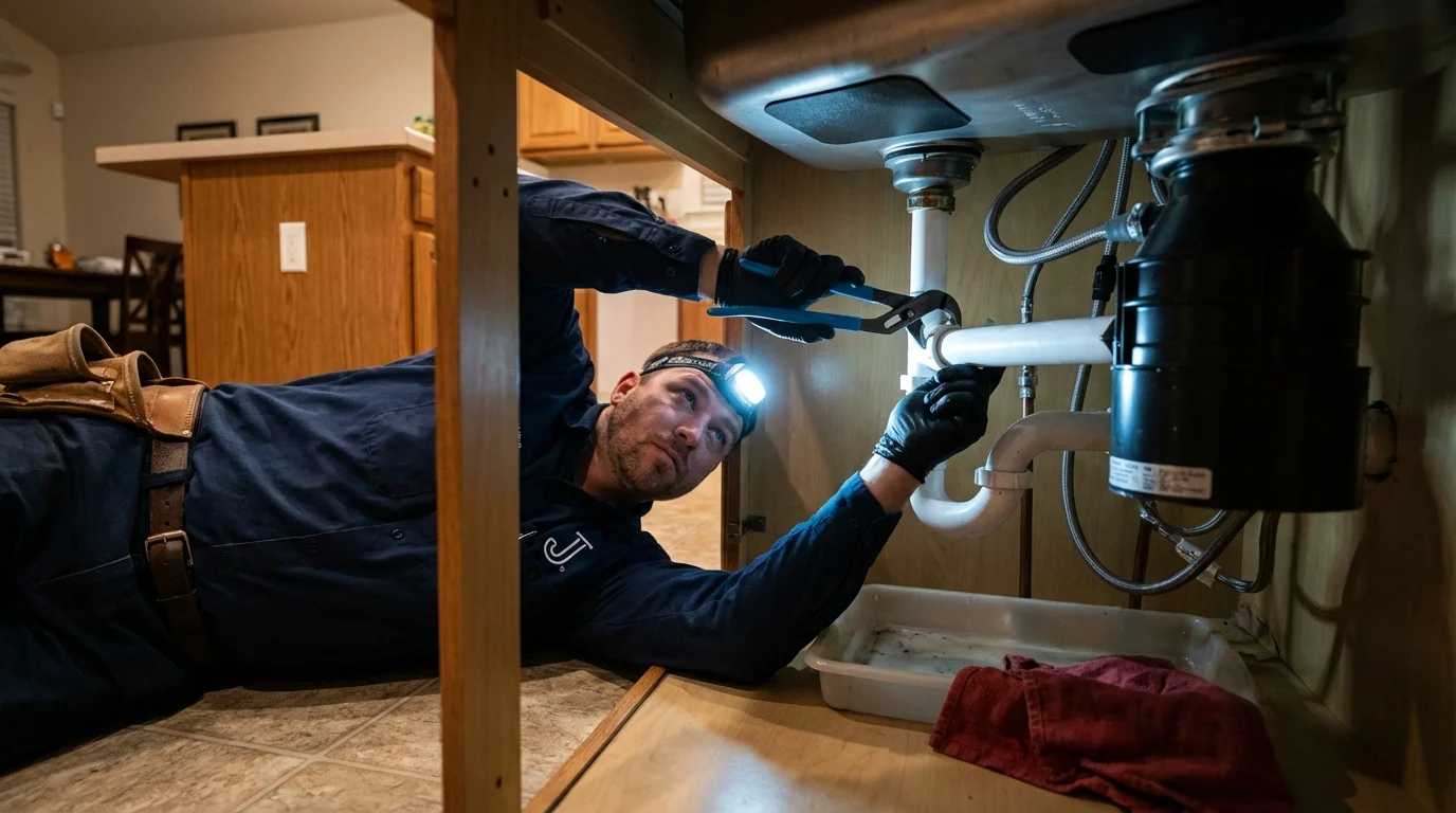 P-trap and supply line connections under a kitchen sink showing a common leak point in Wilbraham, MA